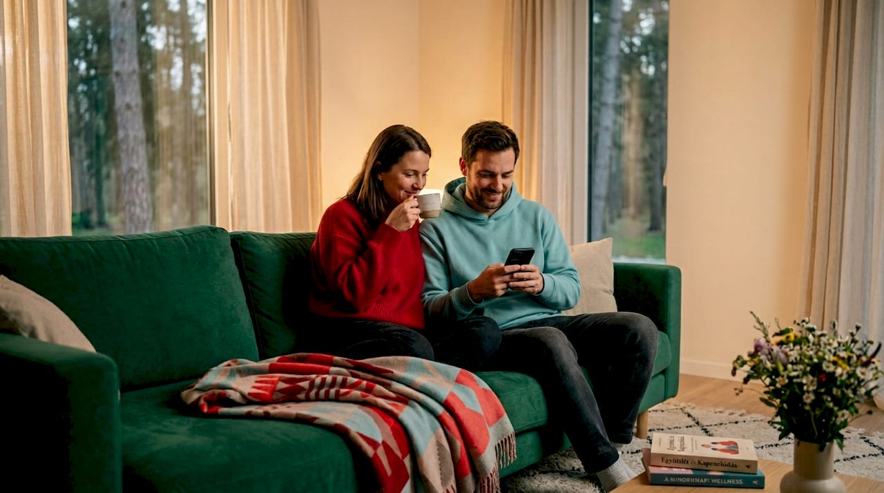 Egy pár kényelmesen pihen a nappaliban, a mindennapok meghitt hangulatában.