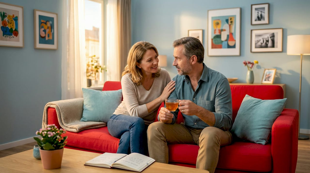 Egy pár őszinte, mély beszélgetést folytat otthon, ahol nyíltan megosztják egymással érzéseiket és gondolataikat.