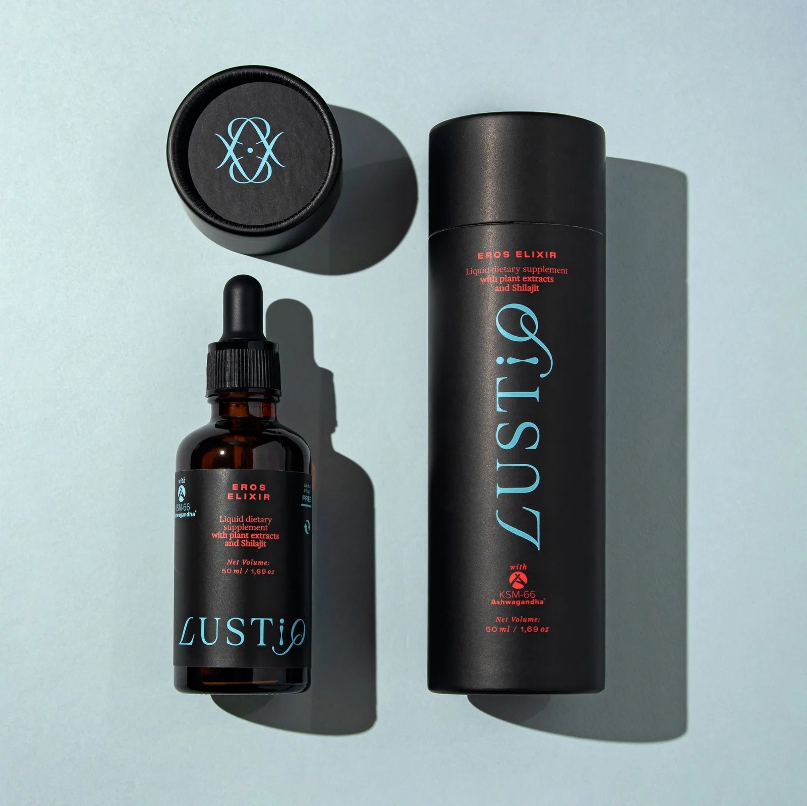 Eros Elixir üveg, adagoló és csomagolás felülnézetből